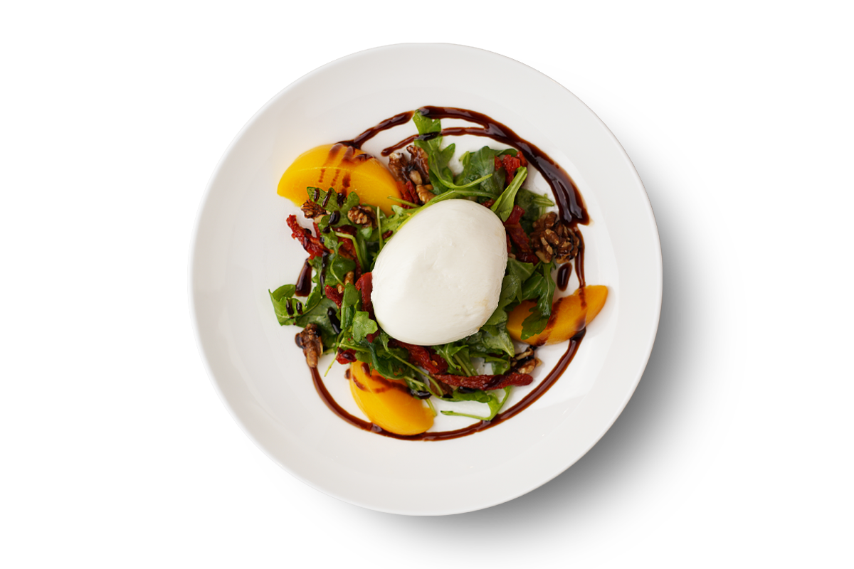 Overhead Photo of Peach Burrata Salad with Balsamic Glaze Drizzle