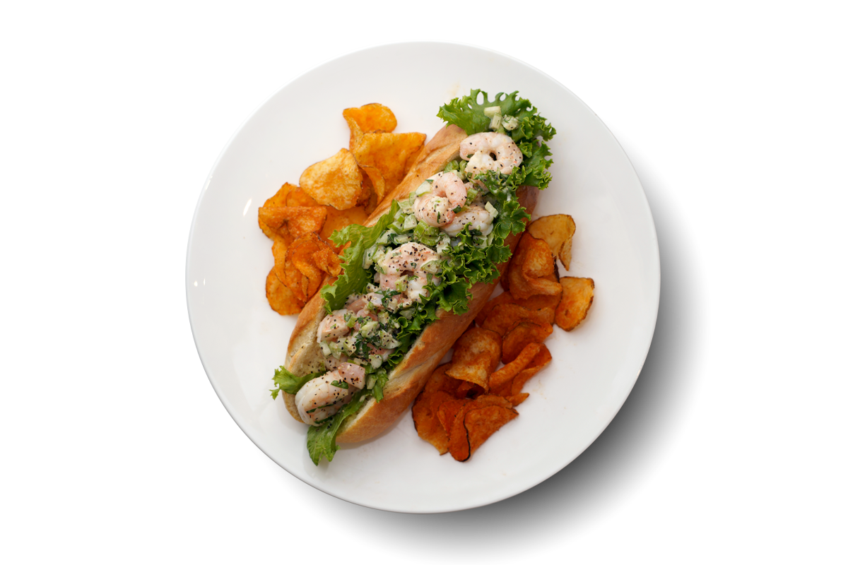 Overhead photo of New England Shrimp Baguette Sandwich with chips
